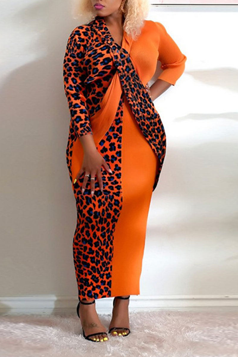 Plus Size Leopard Print Bodycon V Neck Maxi Dress - Fashionaviv-Maxi Dresses-[product_label]