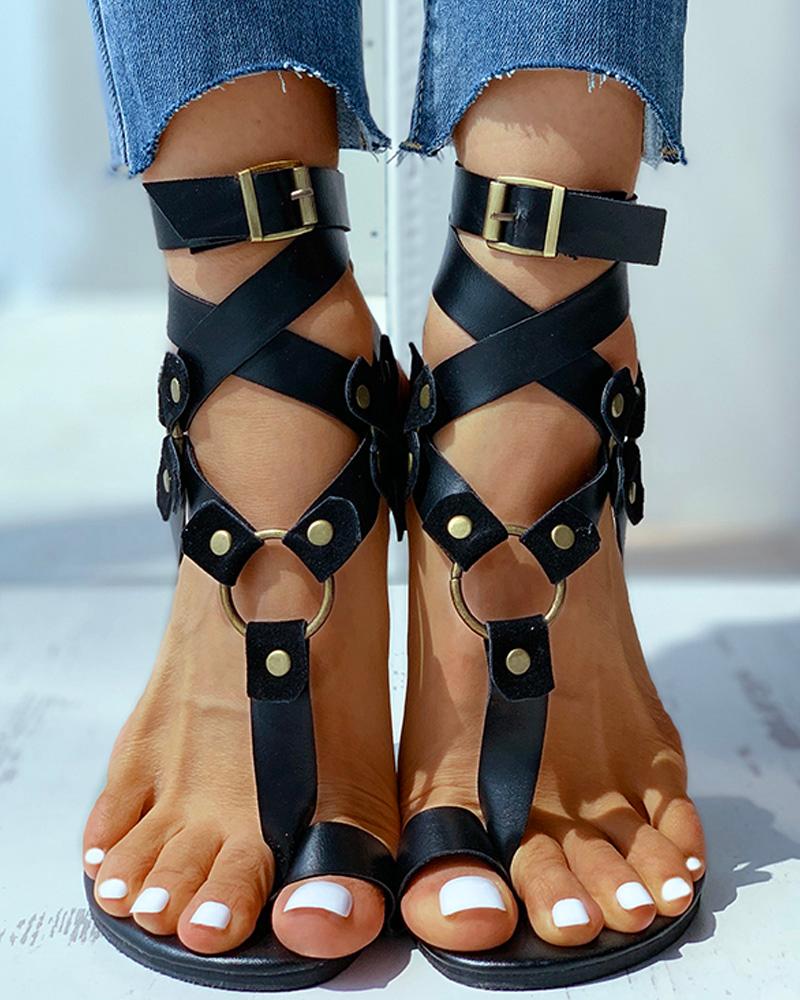 Toe Ring Buckled O-ring Design Flat Sandals