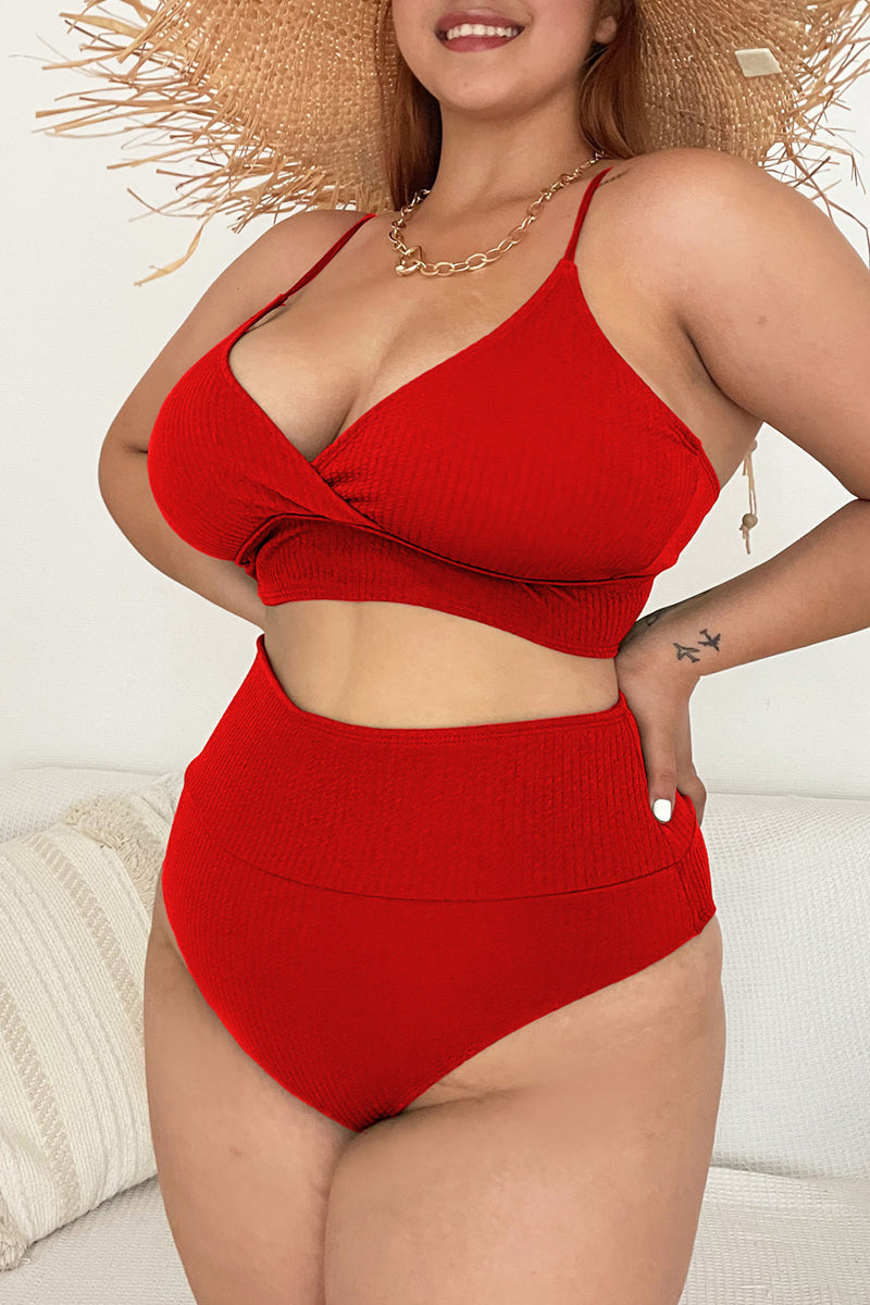 Plus Size Solid Cami High Waist Back Lace Up Two Pieces Set Swimsuit - Fashionaviv-Swimwear-[product_label]