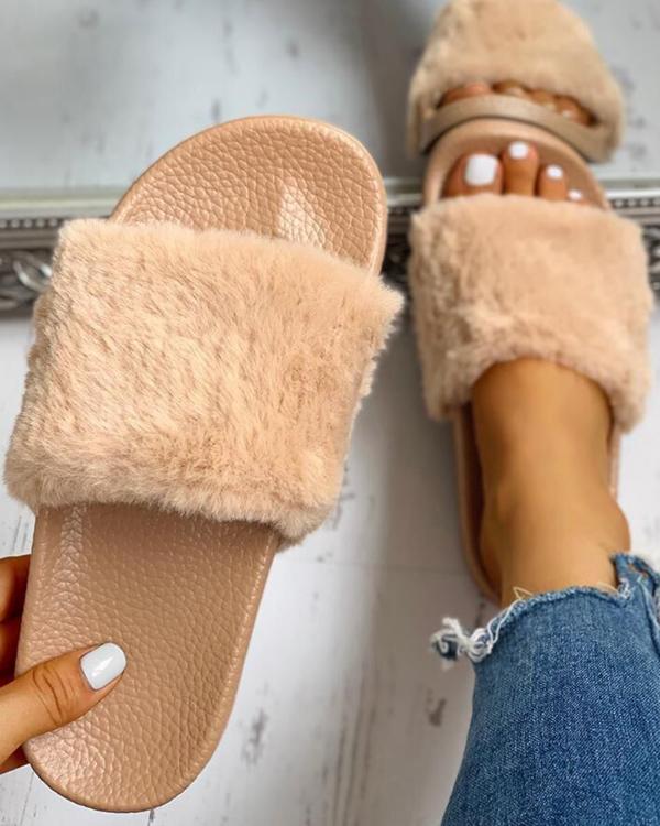 Open Toe Fluffy Flat Sandals