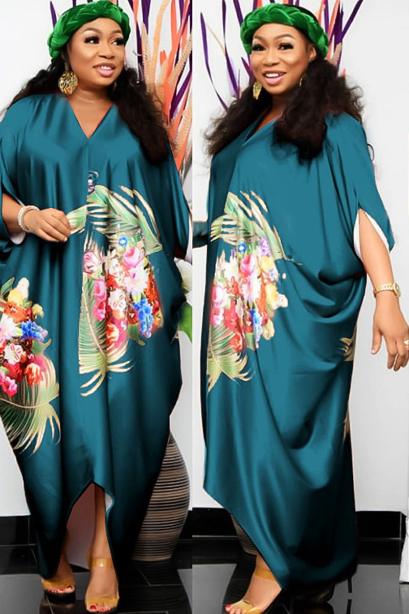 Plus Size Casual Floral Print Loose Bat Sleeve Maxi Dresses - Fashionaviv-Maxi Dresses-[product_label]