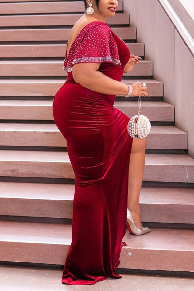 Plus Size Plain Dresses Ruffle Sleeves Hot Drilling Velvet Maxi Dress