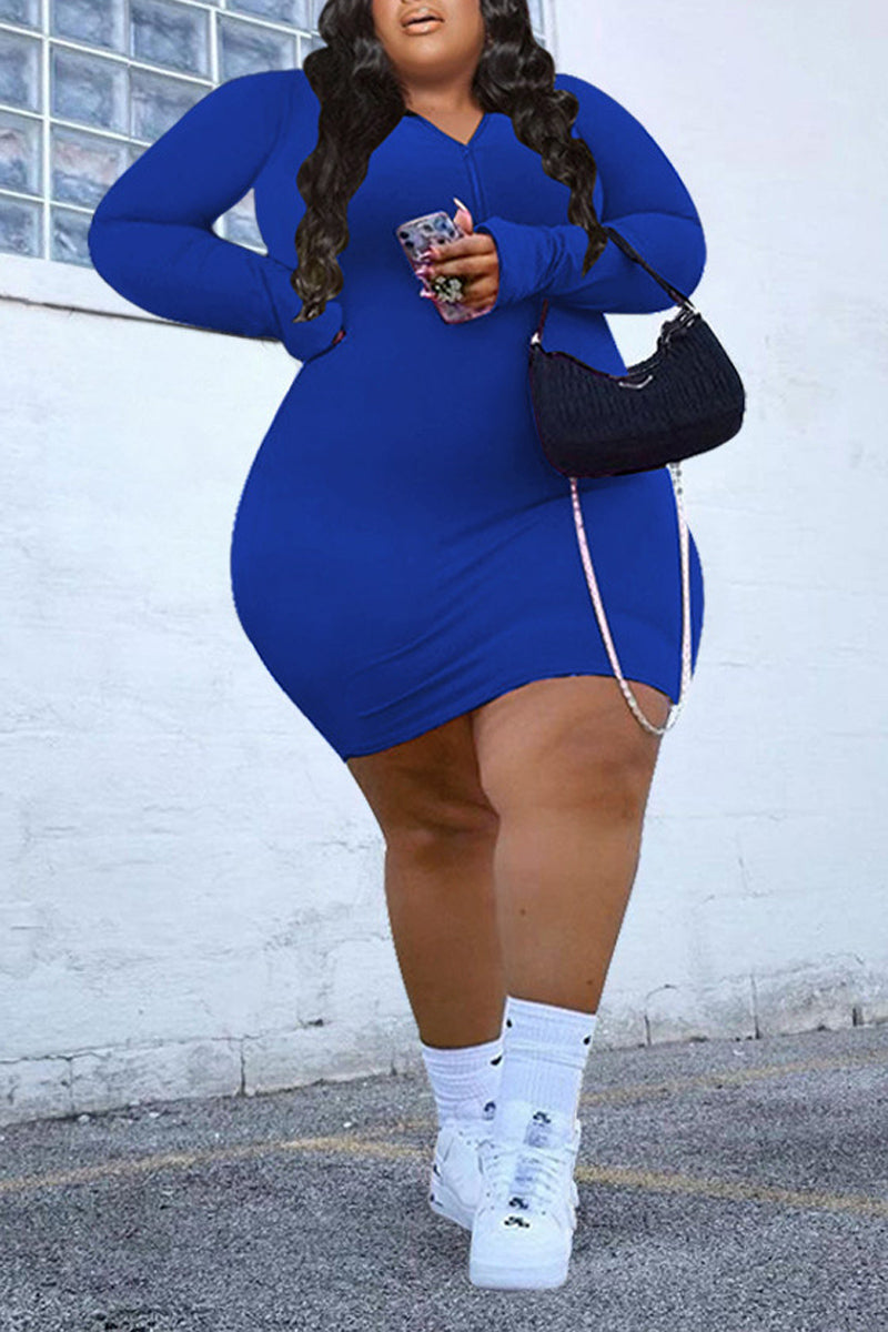 Plus Size Casual Solid Long Sleeve Front Zipper Bodycon Mini Dresses