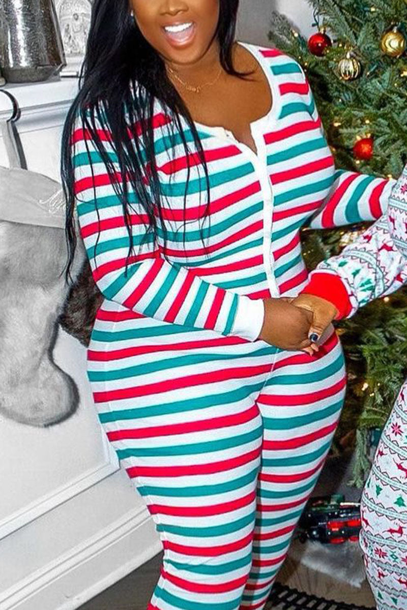 Plus Size Christmas Stripe Split Neck Sexy Jumpsuit Pajamas Onesie
