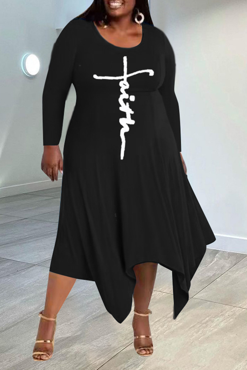 Plus Size Casual Print Split Joint O Neck Irregular Dress - Fashionaviv-Midi Dresses-[product_label]