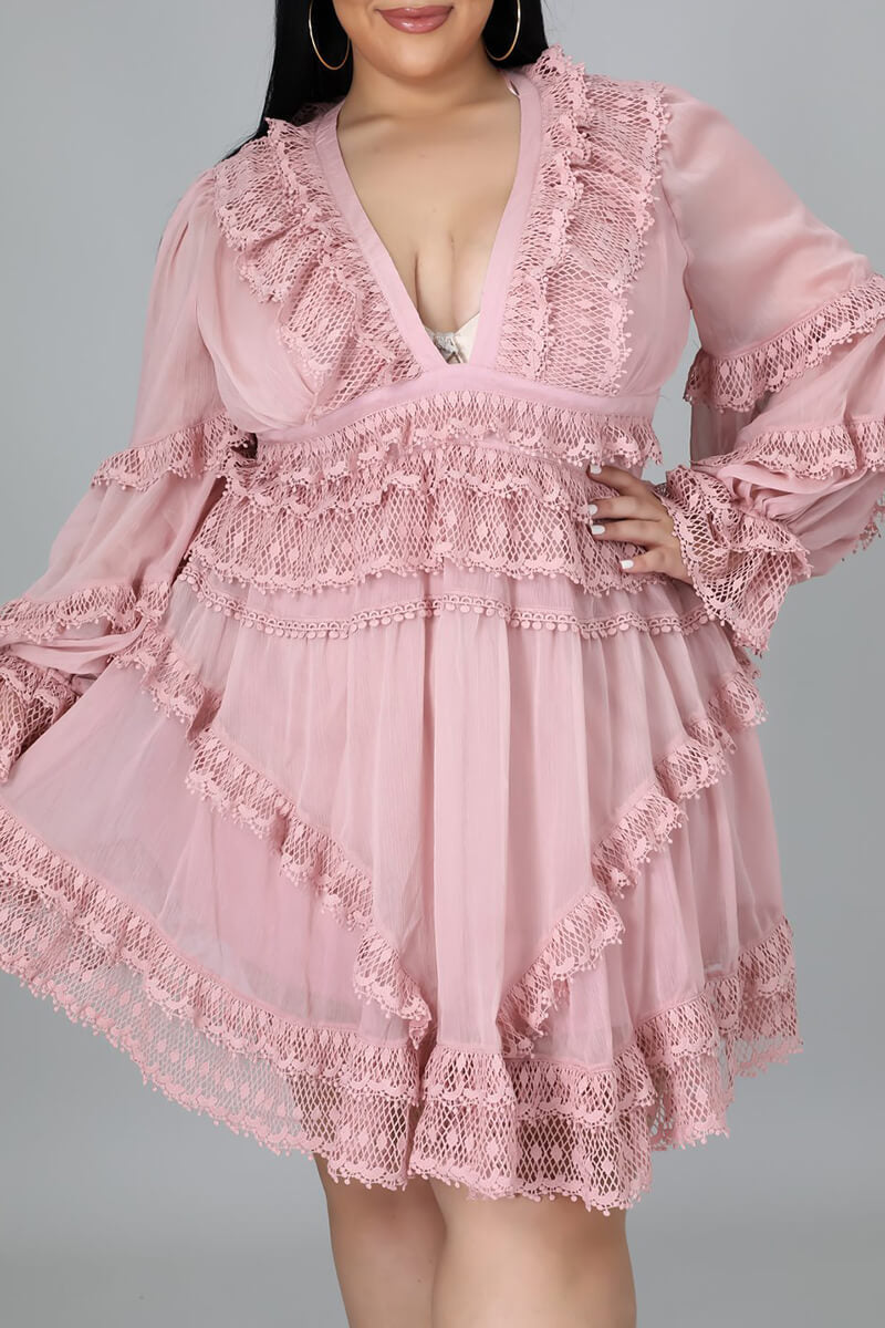 [Pre-Sale] Plus Size Dress Pink Lace  Midi Dress - Fashionaviv