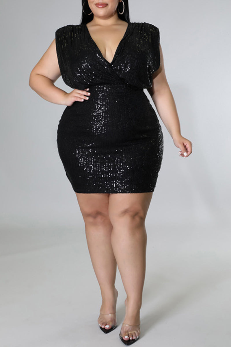 Plus Size Black Sleeveless Sequin Mini Party Dresses