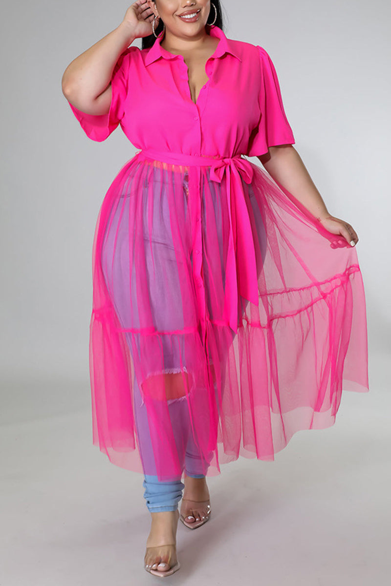 Plus Size Casual Solid Shirt Stitching Mesh Tulle See-through Maxi Dresses - Fashionaviv-Maxi Dresses-[product_label]