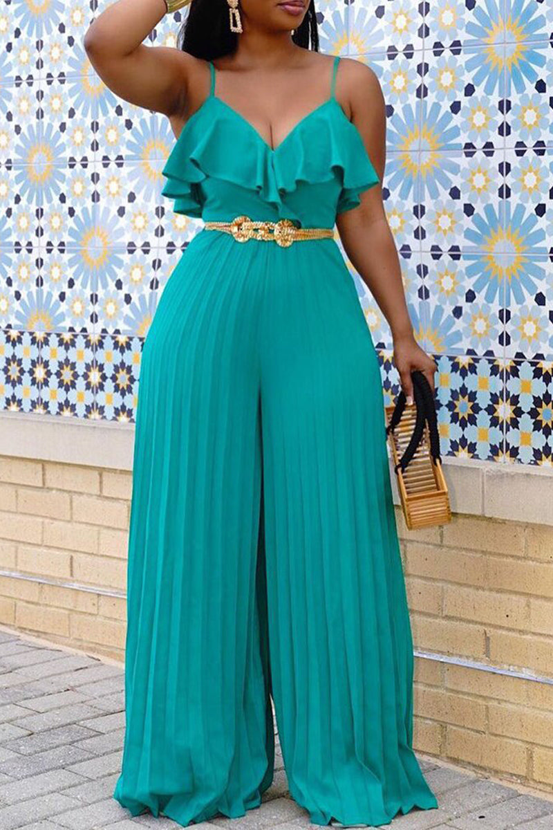 Plus Size Casual Cami Pleated Ruffle Wide Leg Jumpsuit (Without Belt) - Fashionaviv-Jumpsuits + Rompers-[product_label]