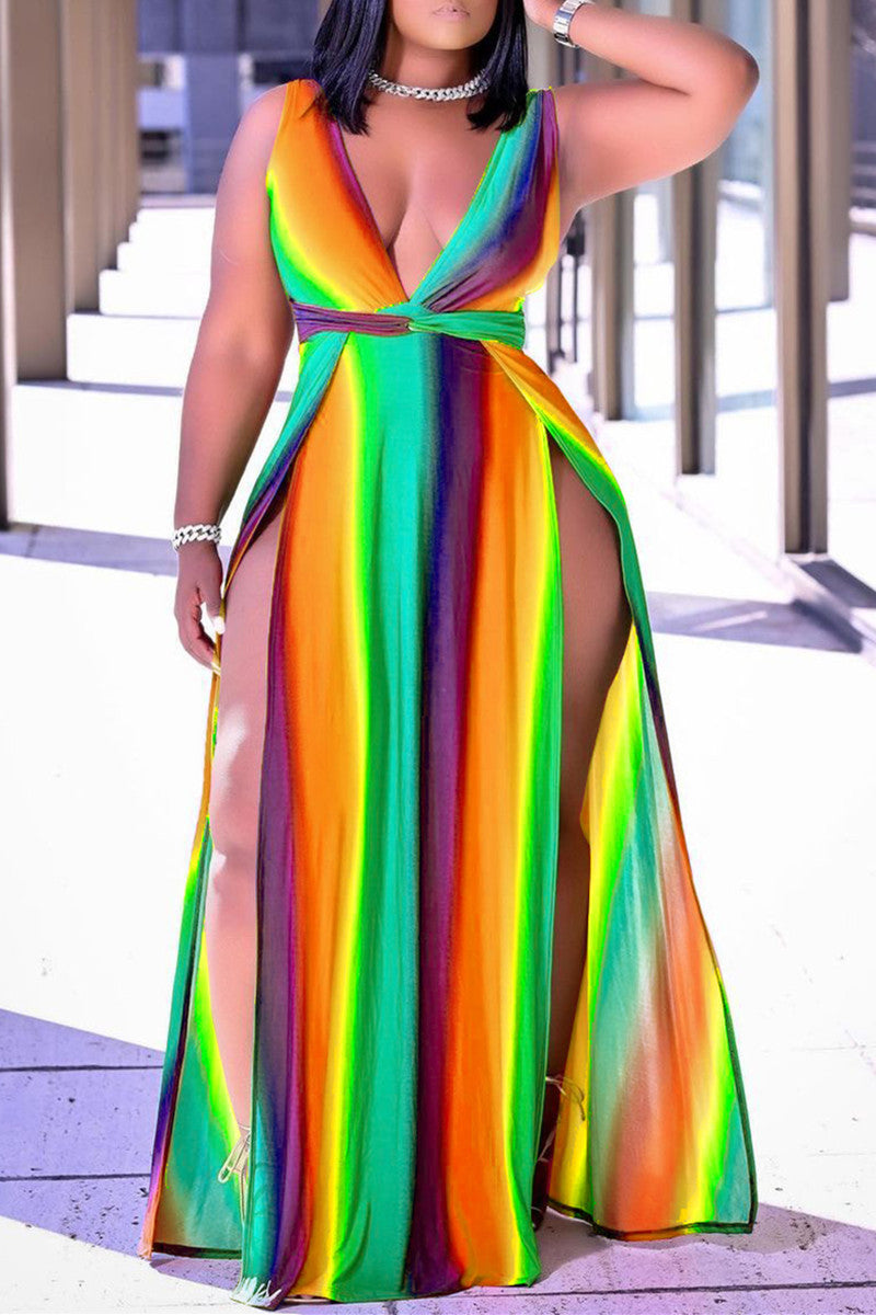 Plus Size Print High Opening Multicolor Maxi Dresses - Fashionaviv