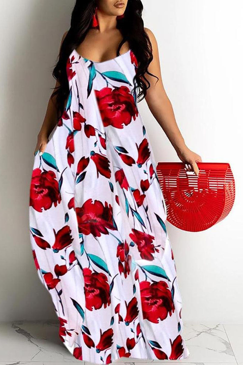 Plus Size Casual Cami Sleeveless Rose Flower Print Maxi Dress - Fashionaviv-Maxi Dresses-[product_label]