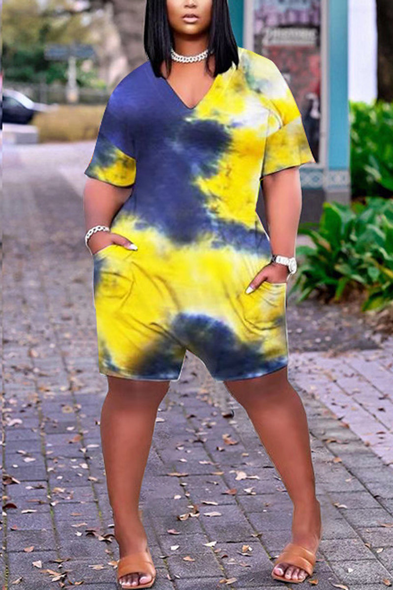 Plus Size Casual Tie Dye Print V Neck Short Sleeve Rompers