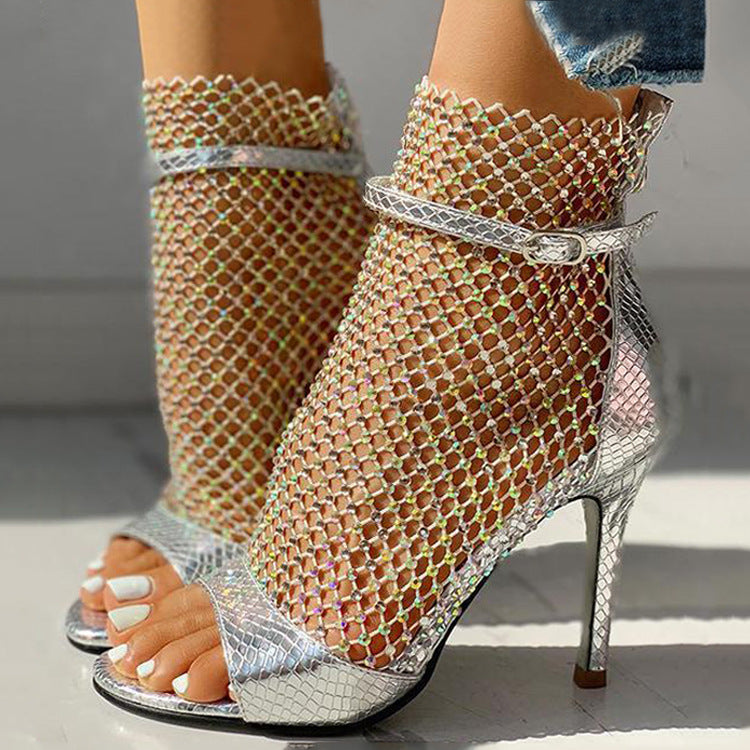 Fish Mouth Mesh Rhinestone Sequin High Heel Sandals Shoes - Fashionaviv-Shoes-[product_label]