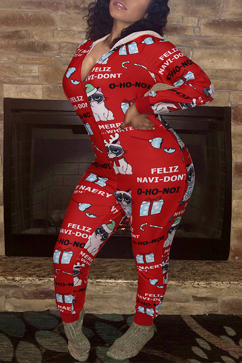 [Pre-Sale] Plus Size Christmas Full Print  Split Neck Sexy Jumpsuit Sleepwear - Fashionaviv
