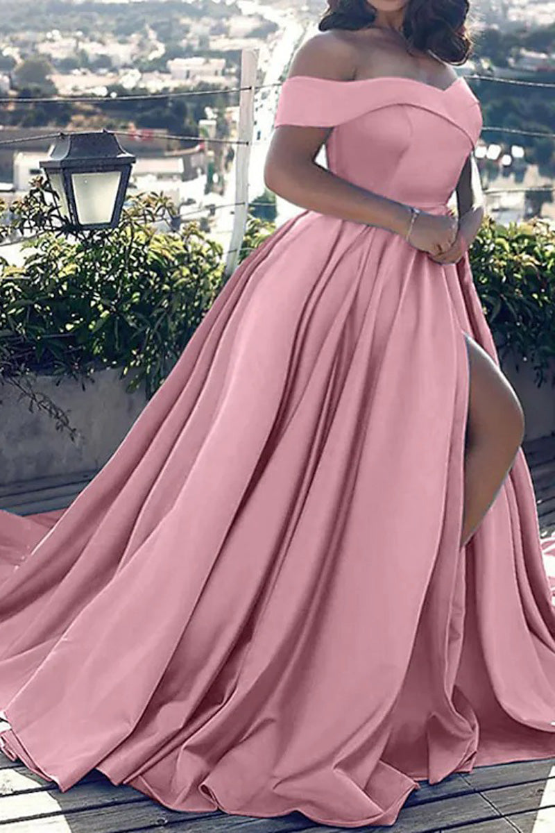 [Pre-Sale] Plus Size Solid Elegant Off The Shoulder Split Maxi Dress - Fashionaviv