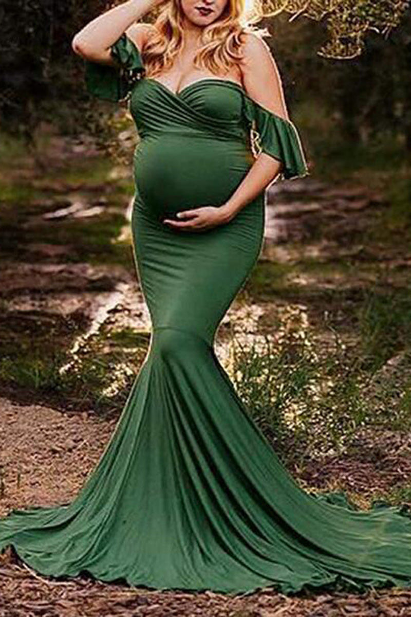 [Pre-Sale] Plus Size Solid Off The Shoulder Ruffle Maternity Trailing Maxi Dress - Fashionaviv-Maxi Dresses-[product_label]