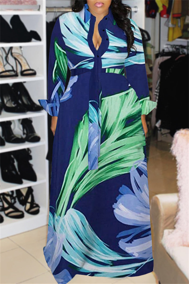Plus Size Camouflage Print Long Sleeve Turndown Collar Maxi Dress - Fashionaviv