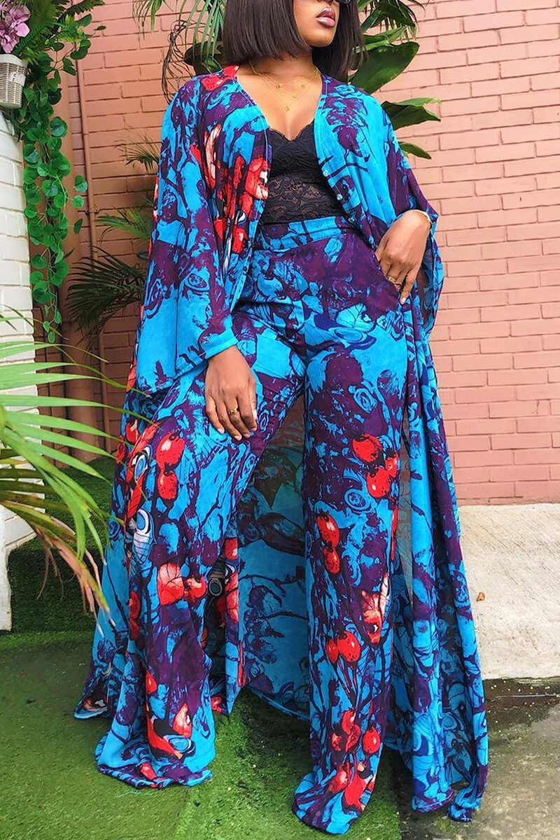 Plus Size Casual Chiffon Long Sleeve Cardigan Wide-leg Pants Orange&Green Floral All Over Print Two Pieces Set - Fashionaviv-Dress Sets-[product_label]