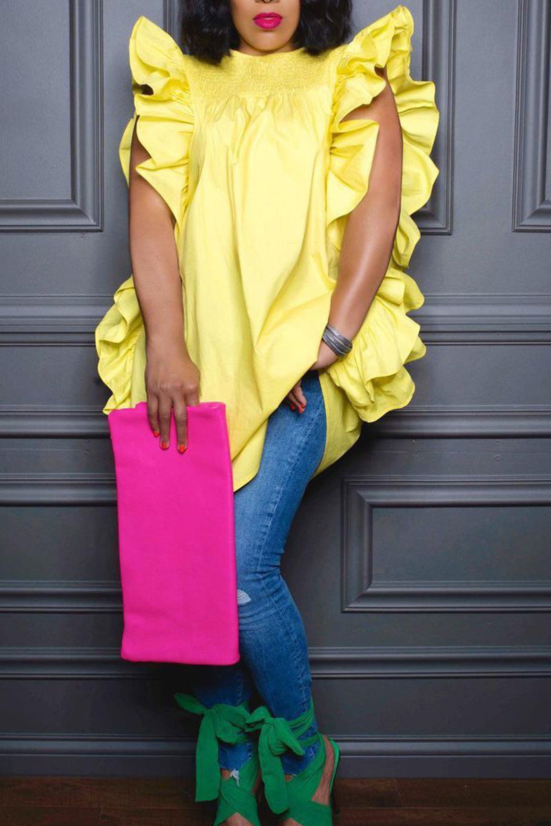 Plus Size Solid Color Round Neck Ruffle Blouse