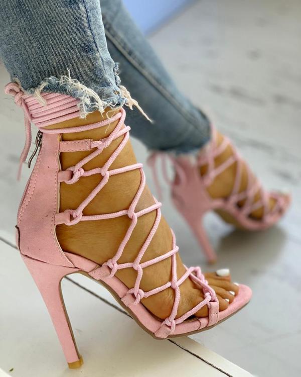 Hollow Out Lace Up Thin Heels Sandals