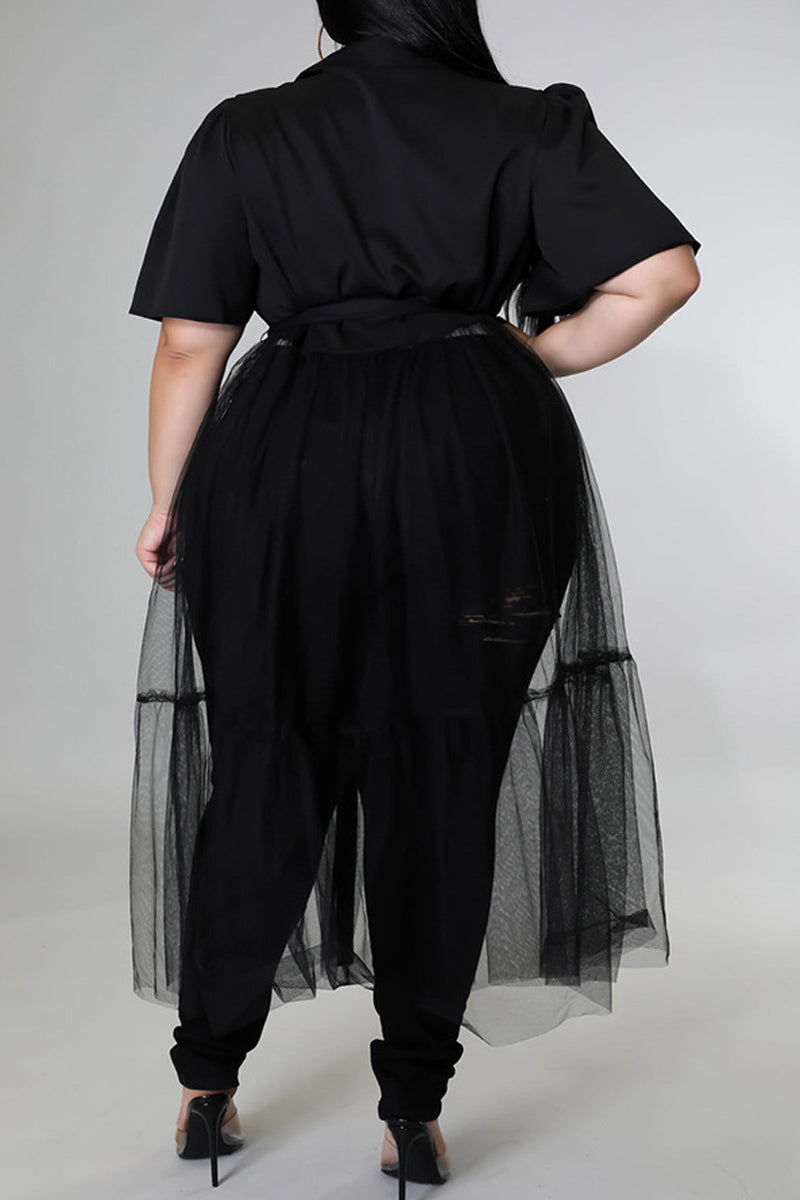 Plus Size Casual Solid Shirt Stitching Mesh Tulle See-through Maxi Dresses