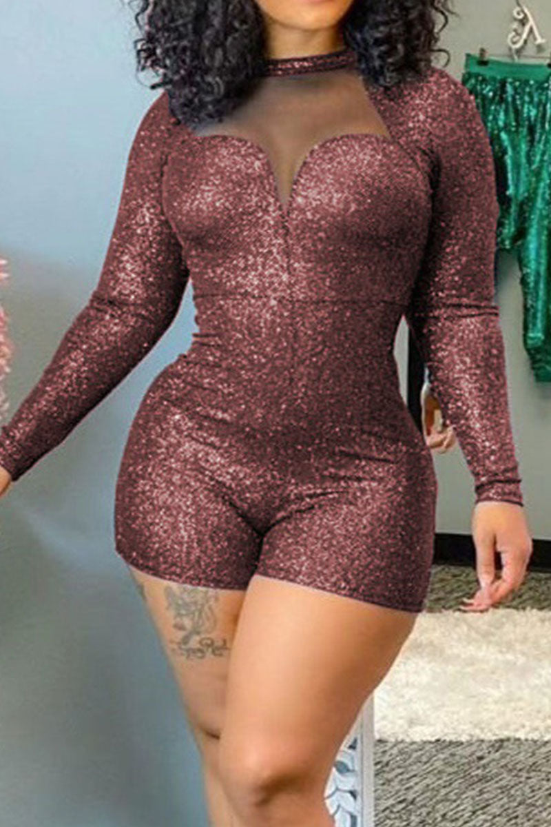 Plus Size Sequin Jumpsuits Sexy Solid Split Joint O Neck Skinny - Fashionaviv