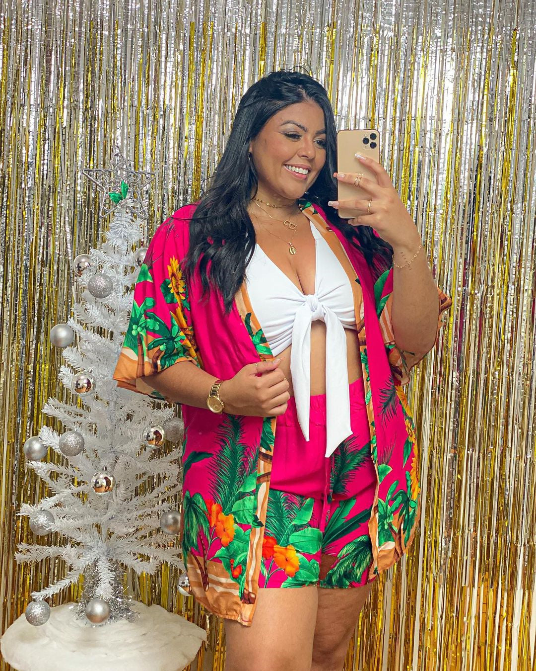 Plus Size Floral Tropical Print Holiday Three-piece Short Set