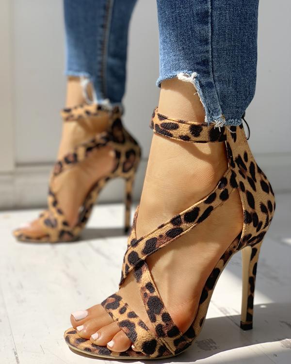 Leopard Crisscross Zipper Back Thin Heeled Sandals