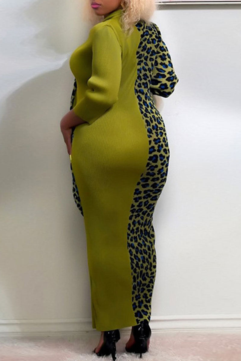 Plus Size Leopard Print Bodycon V Neck Maxi Dress