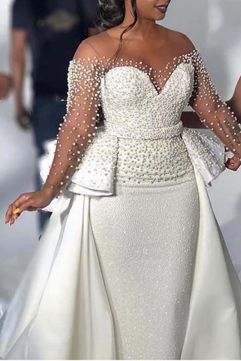 [Pre-Sale] Plus Size Long Sleeve Mesh Pearls Sheer Tulle Overskirt Mermaid Bridal Maxi Dresses