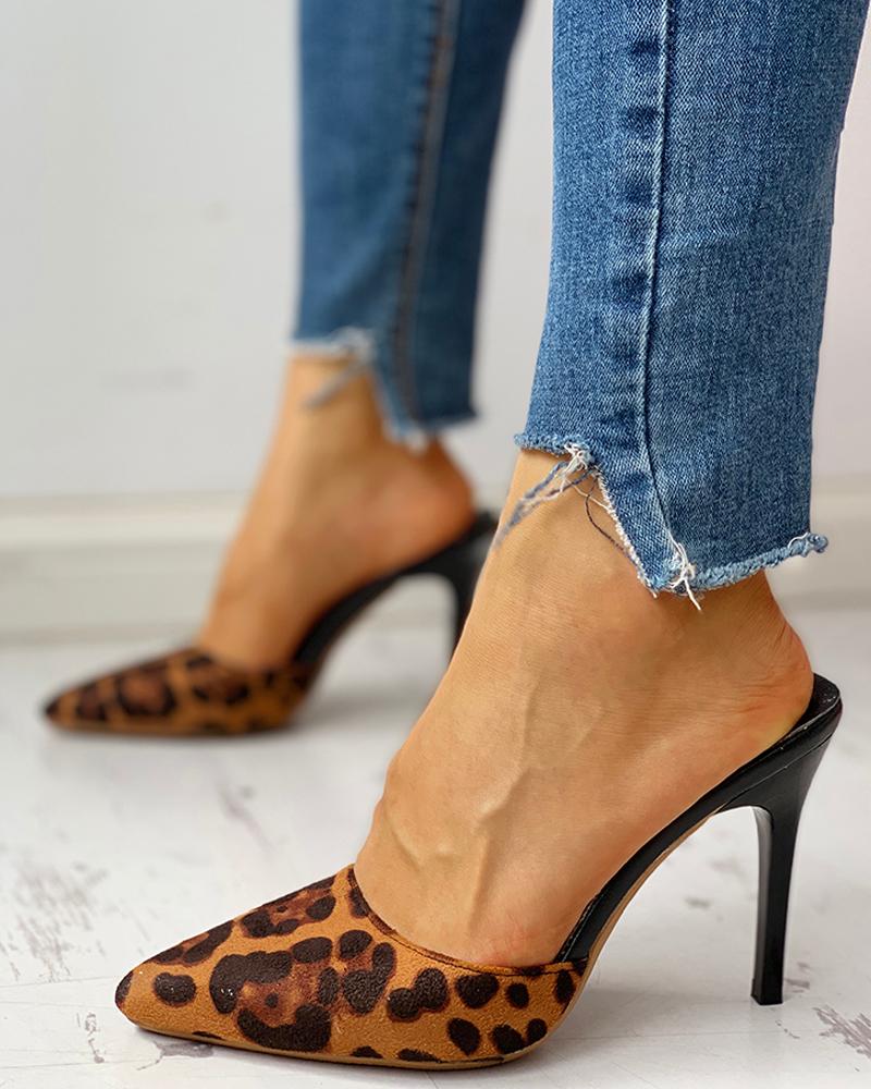 Pointed Toe Leopard Slingback Thin Heeled Sandals