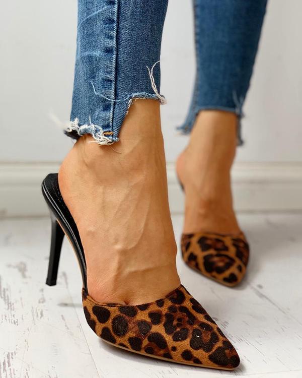 Pointed Toe Leopard Slingback Thin Heeled Sandals