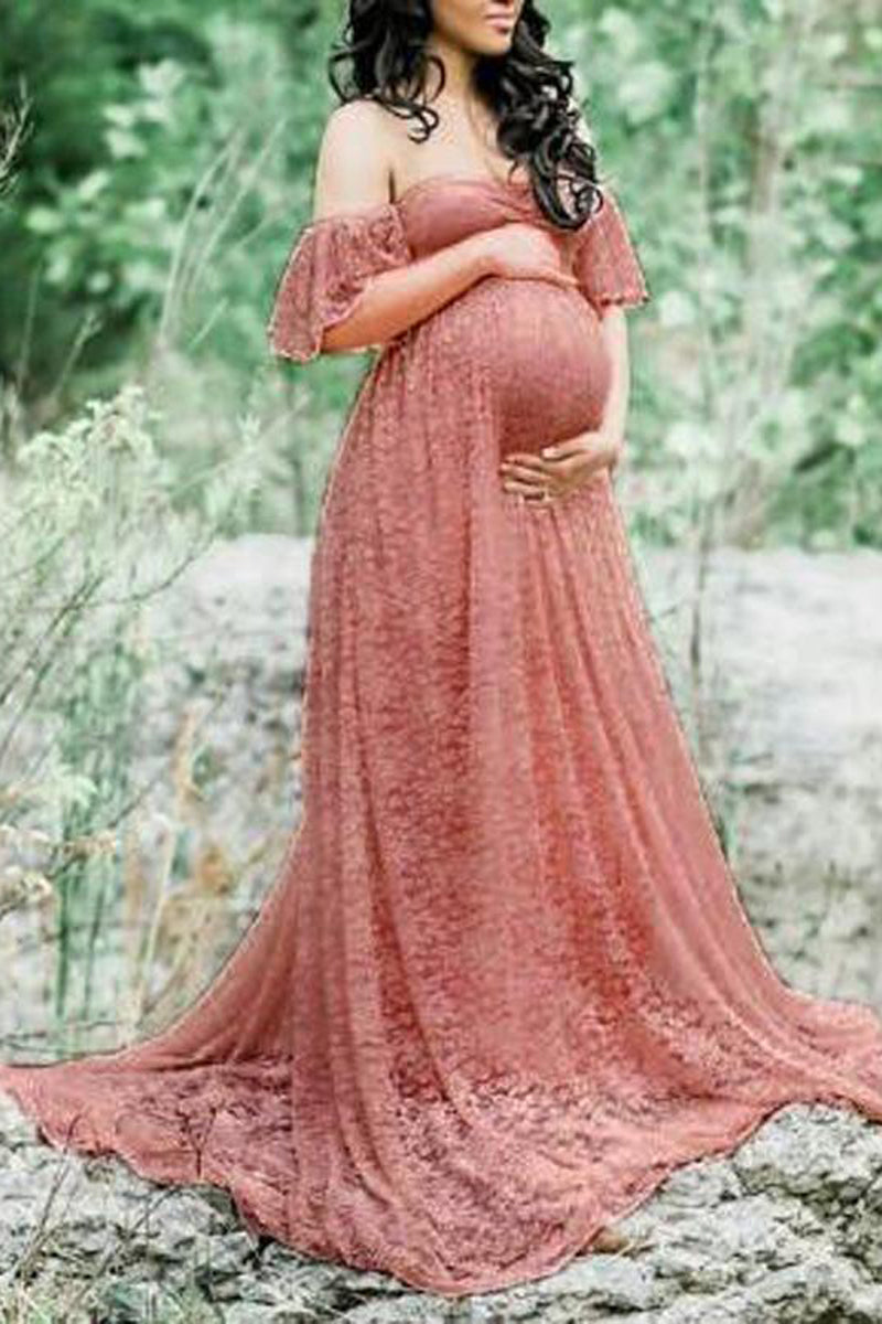 [Pre-Sale] Plus Size Solid Off The Shoulder Lace Stitching Maternity Maxi Dress