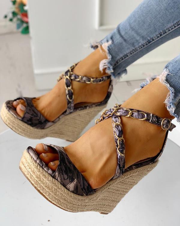 Floral Chain Detail Platform Wedge Sandals
