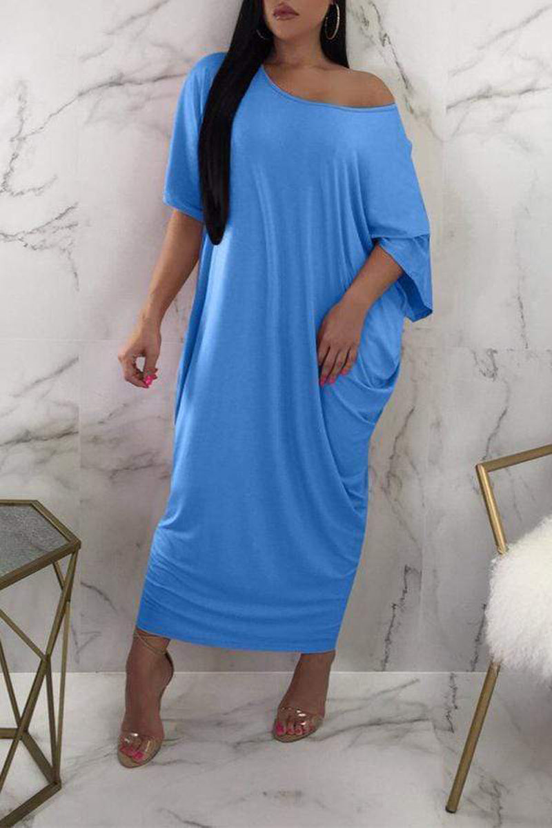 [Pre-Sale] Plus Size Casual Oblique Collar Half Sleeve Solid Maxi Dress - Fashionaviv-Maxi Dresses-[product_label]