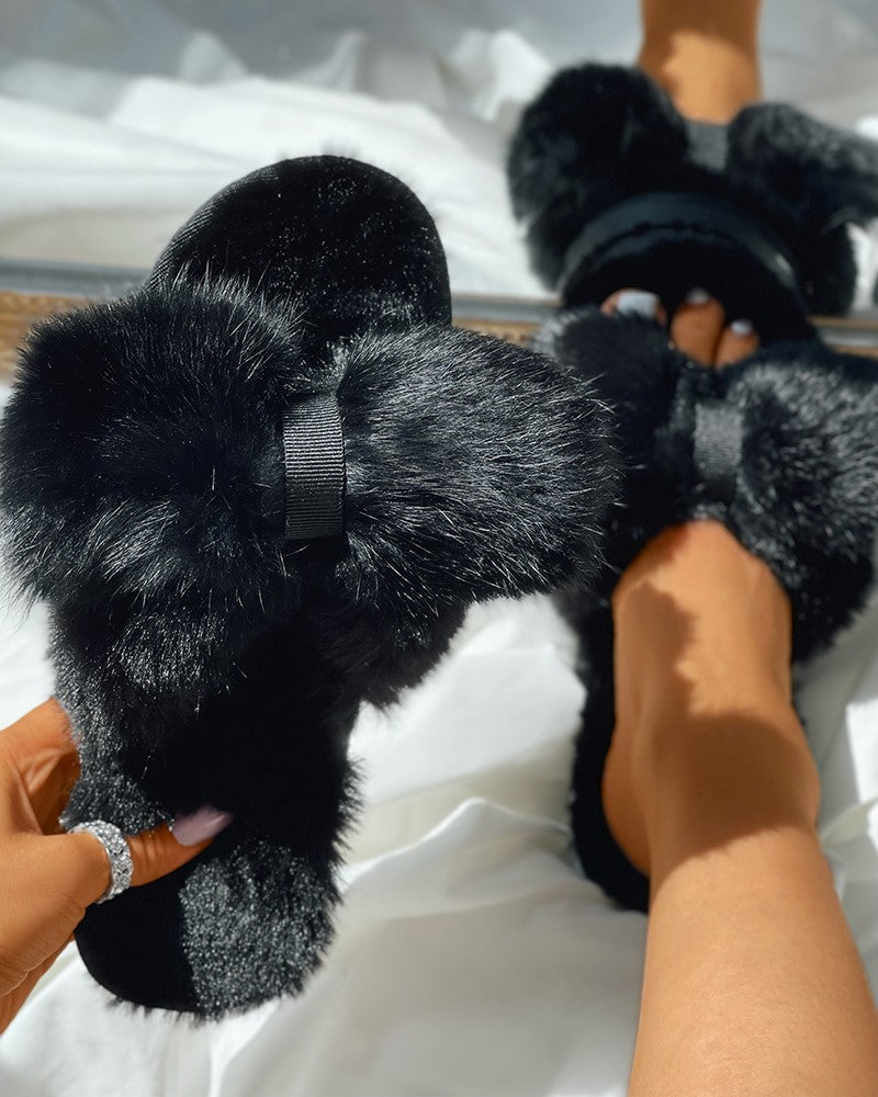 Fluffy Round Toe Bowknot Pattern Slippers