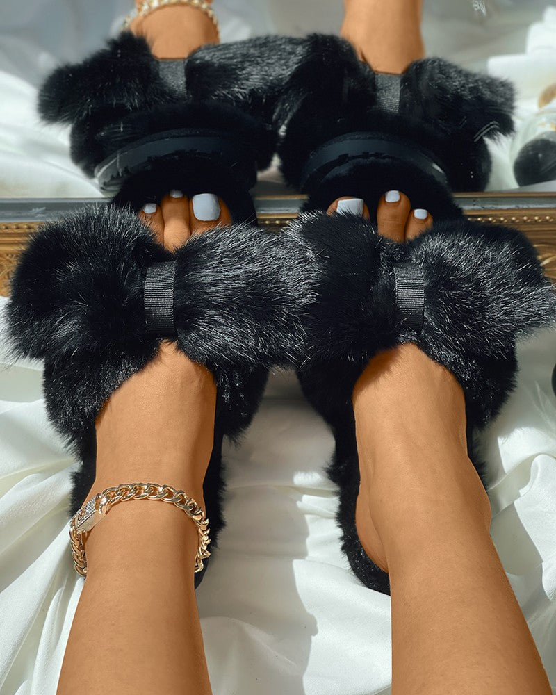 Fluffy Round Toe Bowknot Pattern Slippers