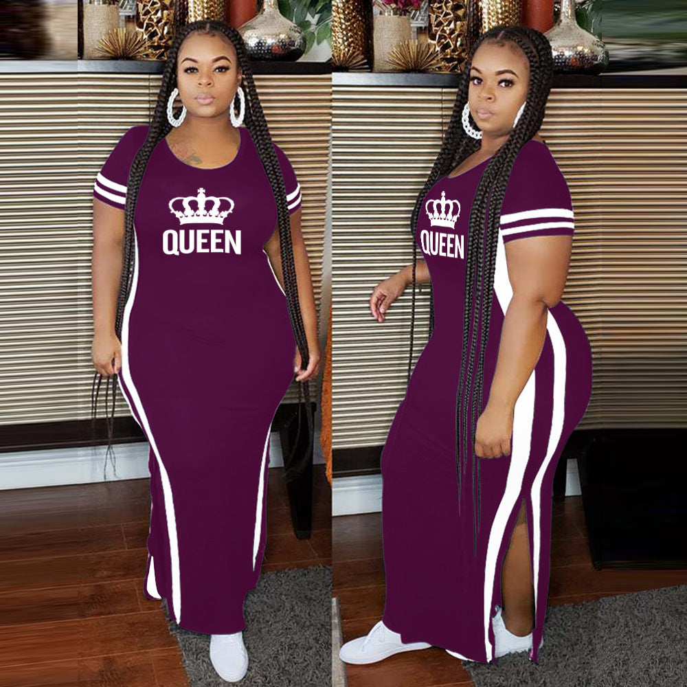 Plus Size Casual Queen Print Split Round Neck Short Sleeve Maxi Dresses