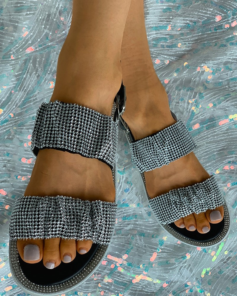 Sparkling Studded Strap Flat Sandals