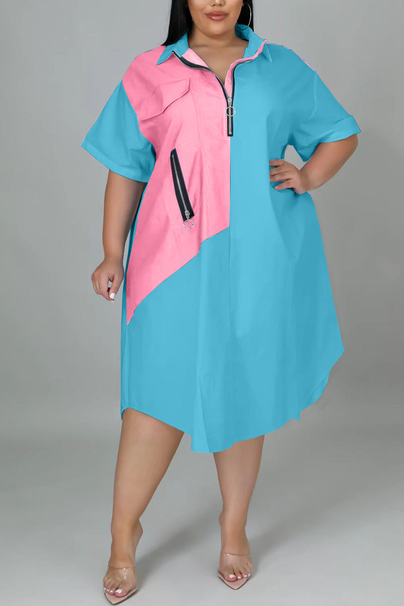 Plus Size Casual Colorblock Stitching Zip Short Sleeve Shirt Midi Dresses