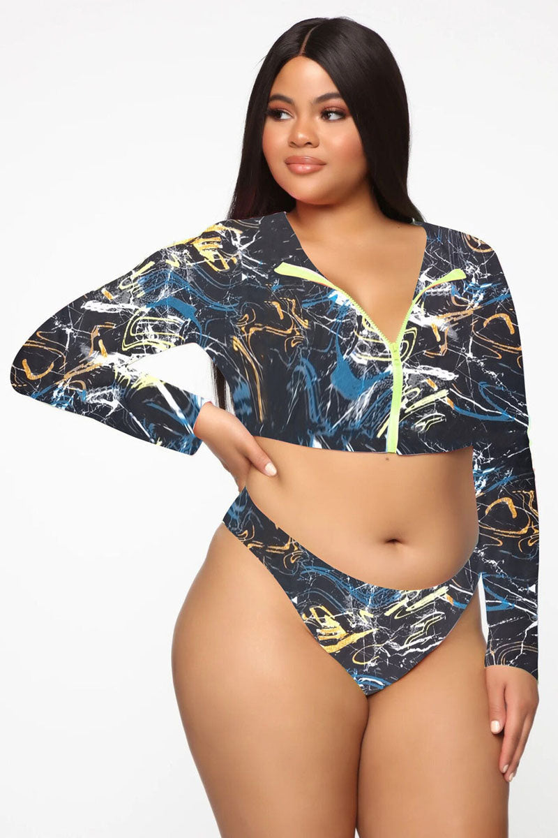 Plus Size Gradient Printed Long Sleeve Zipper Two Pieces Swimsuit Set - Fashionaviv-Swimwear-[product_label]