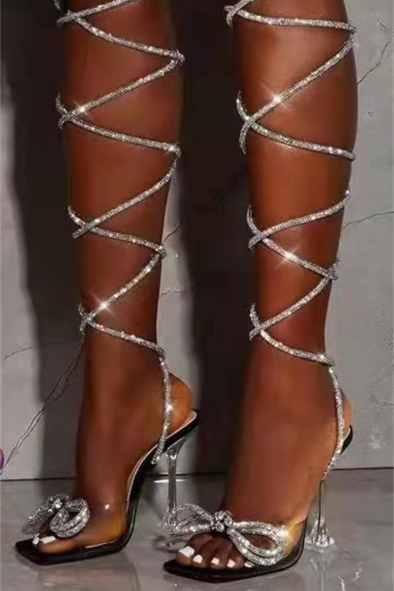 Bow Rhinestone Sequin Lace Up Sandals Shoes - Fashionaviv
