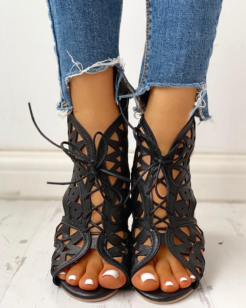 Hollow Out Lace-up PU Wedge Sandals