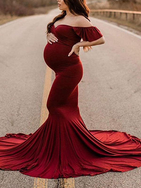 [Pre-Sale] Plus Size Solid Off The Shoulder Ruffle Maternity Trailing Maxi Dress