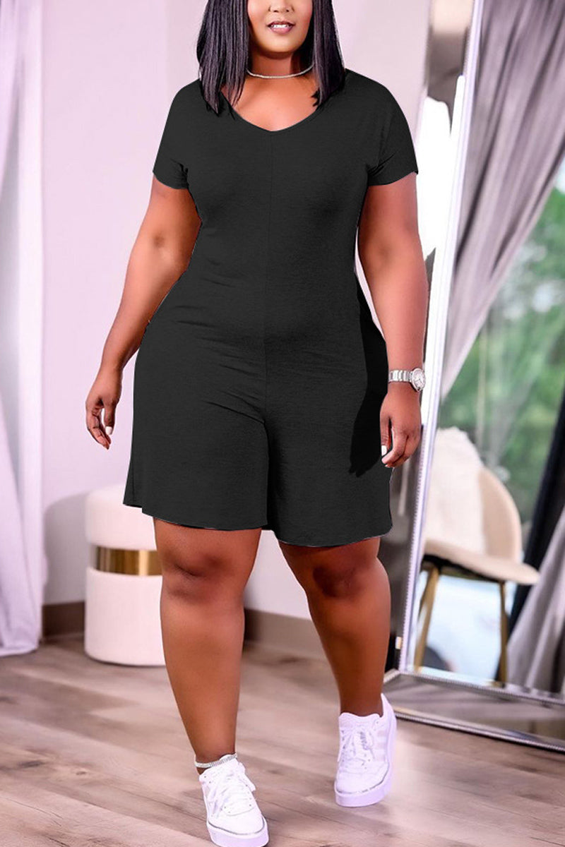 Plus Size Casual Solid V Neck Short Sleeve Rompers