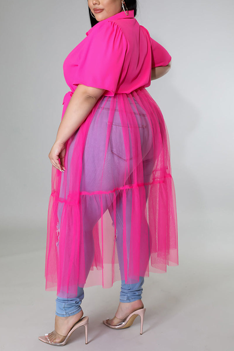 Plus Size Casual Solid Shirt Stitching Mesh Tulle See-through Maxi Dresses