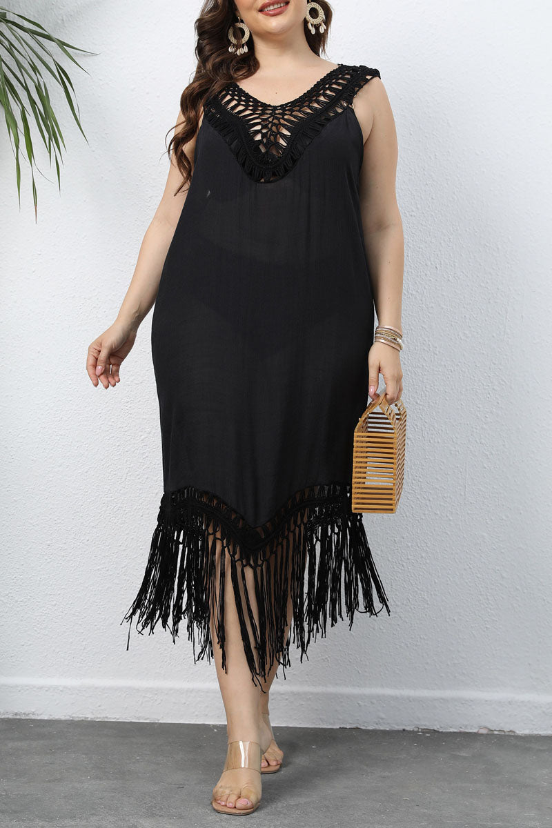 Plus Size Casual Black Hollow Out Crochet Stitching Fringe Sleeveless Midi Dress - Fashionaviv-Midi Dresses-[product_label]