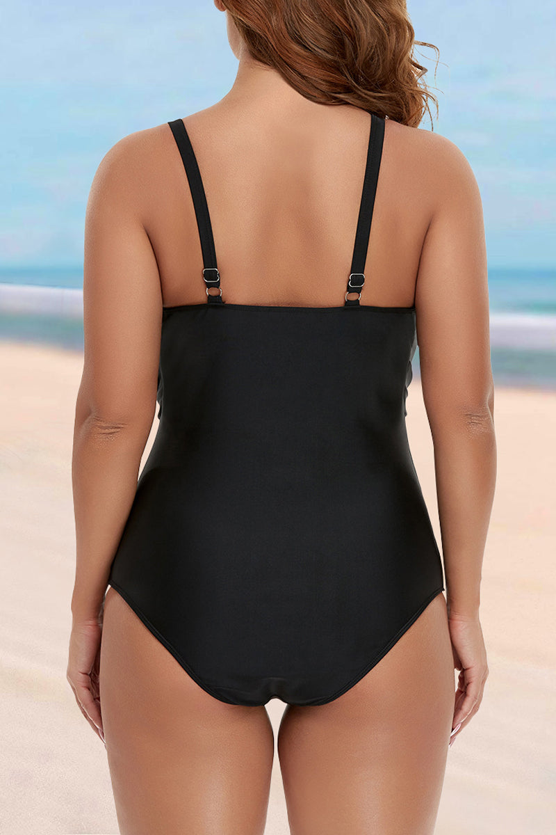 Plus Size Solid Chest Pleated V Neck One Piece Swimsuit