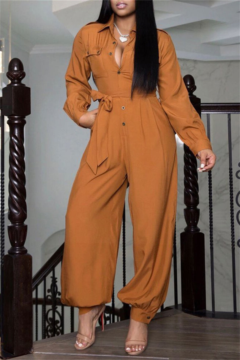 Plus Size Solid V Neck Long Sleeve Turndown Collar Jumpsuit