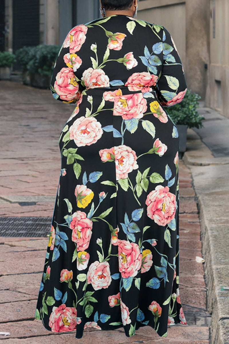 Plus Size Casual Printed Boho Long Sleeve Maxi Dresses